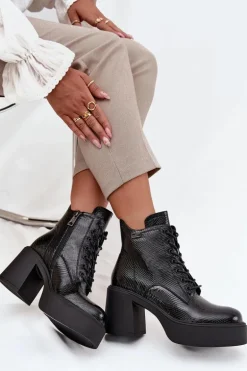 Lakierowane Skórzane Botki Damskie Na Platformie I Słupku Vinceza 66817 Czarne