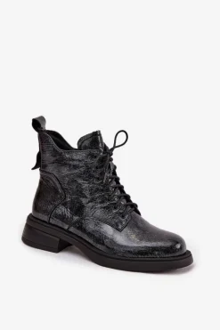 Lakierowane Skórzane Botki Damskie Na Klocku D&A LZ52-954 Granatowe