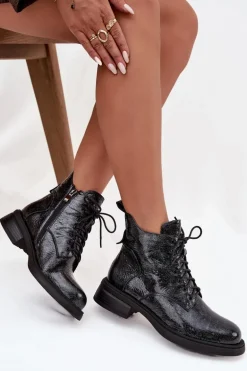 Lakierowane Skórzane Botki Damskie Na Klocku D&A LZ52-954 Granatowe