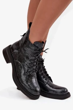 Lakierowane Skórzane Botki Damskie Na Klocku D&A LZ52-954 Granatowe