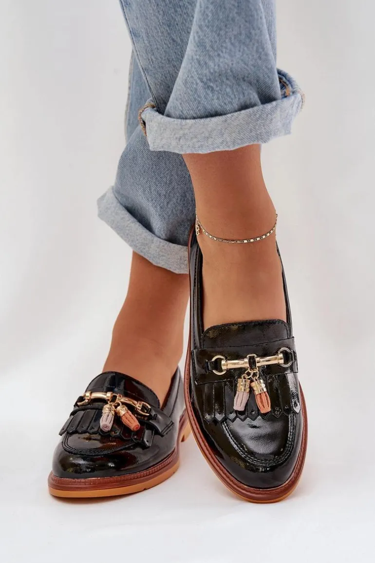 Lakierowane Skórzane Eleganckie Mokasyny Na Płaskim Obcasie S.Barski LR51-768A Czarne