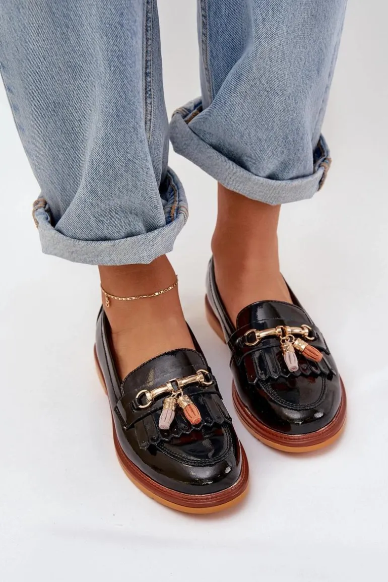 Lakierowane Skórzane Eleganckie Mokasyny Na Płaskim Obcasie S.Barski LR51-768A Czarne