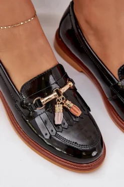 Lakierowane Skórzane Eleganckie Mokasyny Na Płaskim Obcasie S.Barski LR51-768A Czarne