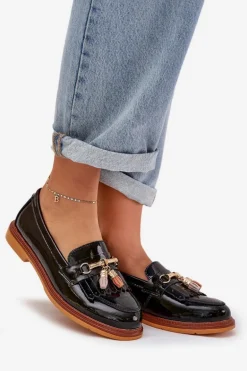 Lakierowane Skórzane Eleganckie Mokasyny Na Płaskim Obcasie S.Barski LR51-768A Czarne