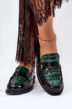 Lakierowane Skórzane Mokasyny Damskie Vinceza 91125 Zielono-Czarne