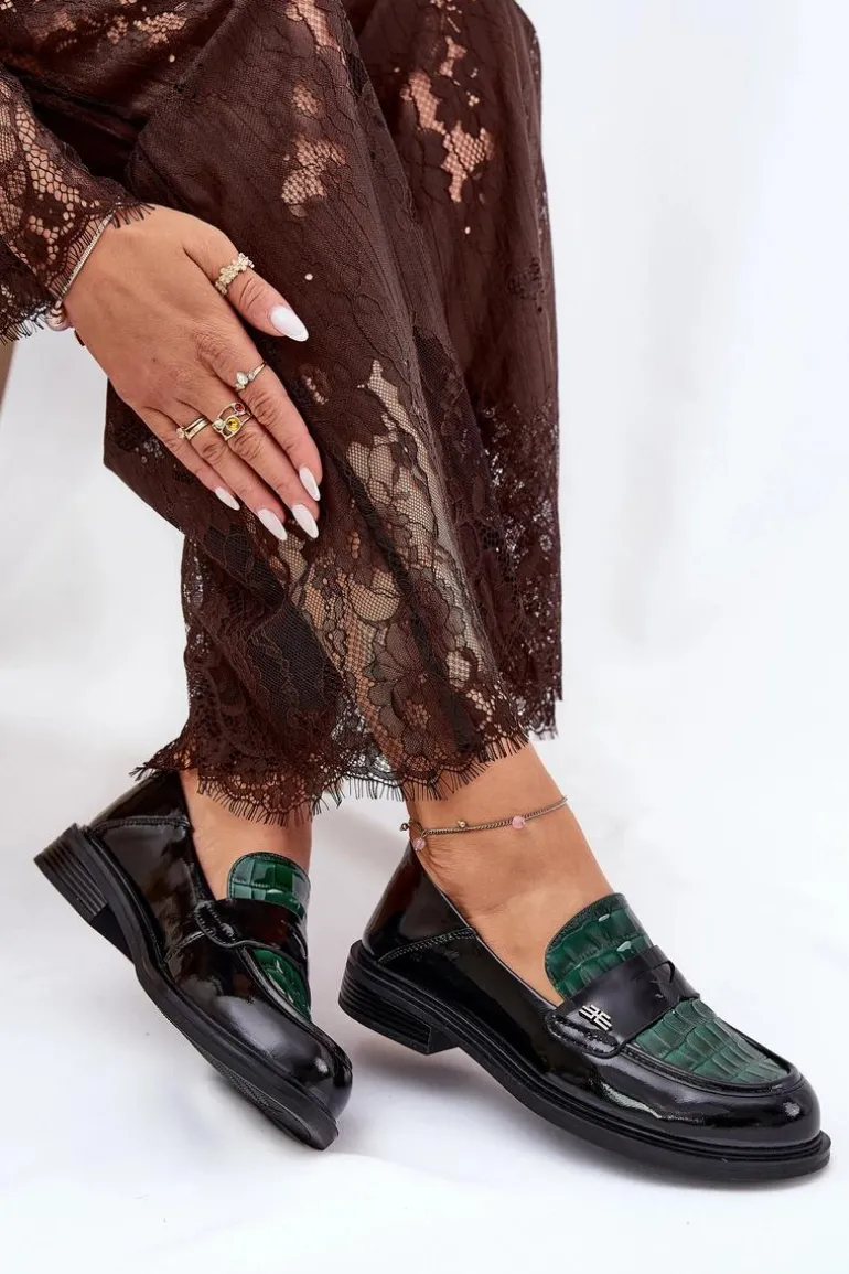 Lakierowane Skórzane Mokasyny Damskie Vinceza 91125 Zielono-Czarne