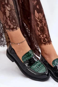 Lakierowane Skórzane Mokasyny Damskie Vinceza 91125 Zielono-Czarne