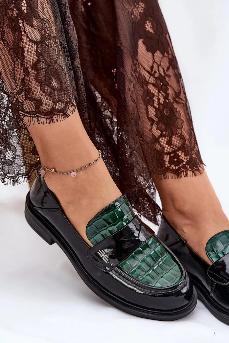 Lakierowane Skórzane Mokasyny Damskie Vinceza 91125 Zielono-Czarne