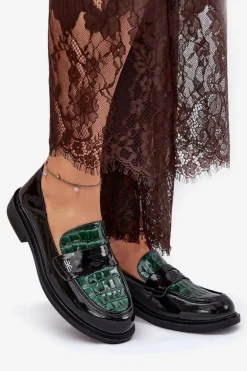 Lakierowane Skórzane Mokasyny Damskie Vinceza 91125 Zielono-Czarne