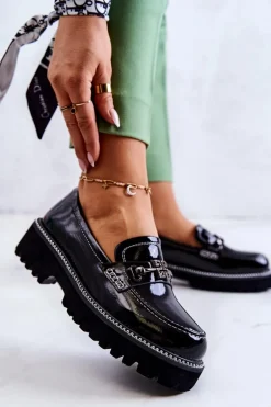 Lakierowane Skórzane Półbuty Z Ozdobą Czarne Adison