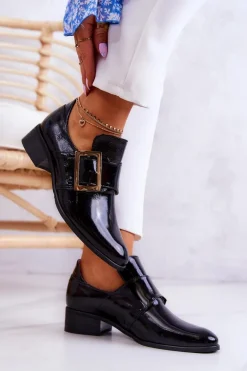 Lakierowane Skórzane Półbuty Ze Sprzączką Czarne Taliya