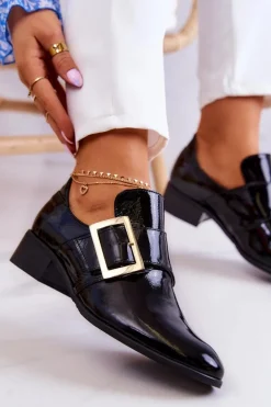 Lakierowane Skórzane Półbuty Ze Sprzączką Czarne Taliya