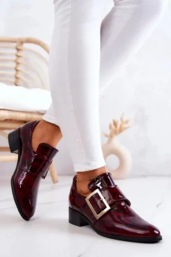 Lakierowane Skórzane Półbuty Ze Sprzączką Bordowe Taliya