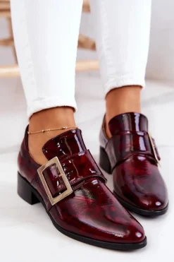 Lakierowane Skórzane Półbuty Ze Sprzączką Bordowe Taliya
