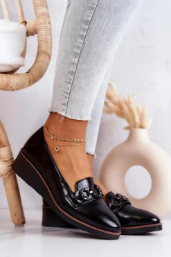 Lakierowane Skórzane Półbuty Na Koturnie Czarne Melodie