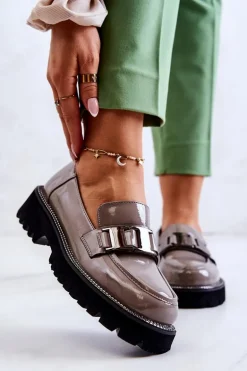 Lakierowane Skórzane Półbuty Szare Corine