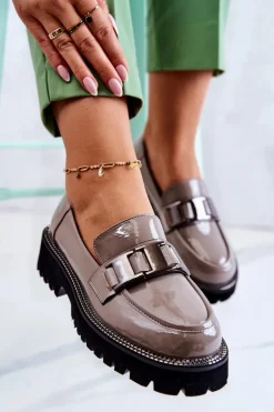 Lakierowane Skórzane Półbuty Szare Corine