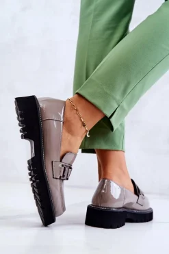 Lakierowane Skórzane Półbuty Szare Corine