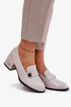 Lakierowane Skórzane Półbuty Damskie Na Obcasie Vinceza 18105 Szare