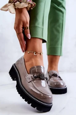 Lakierowane Skórzane Półbuty Z Ozdobą Jasnobrązowe Adison