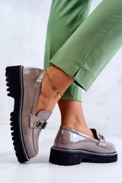 Lakierowane Skórzane Półbuty Z Ozdobą Jasnobrązowe Adison