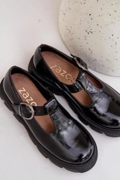 Lakierowane Skórzane Półbuty Z Klamrą Zazoo 20183 Czarne