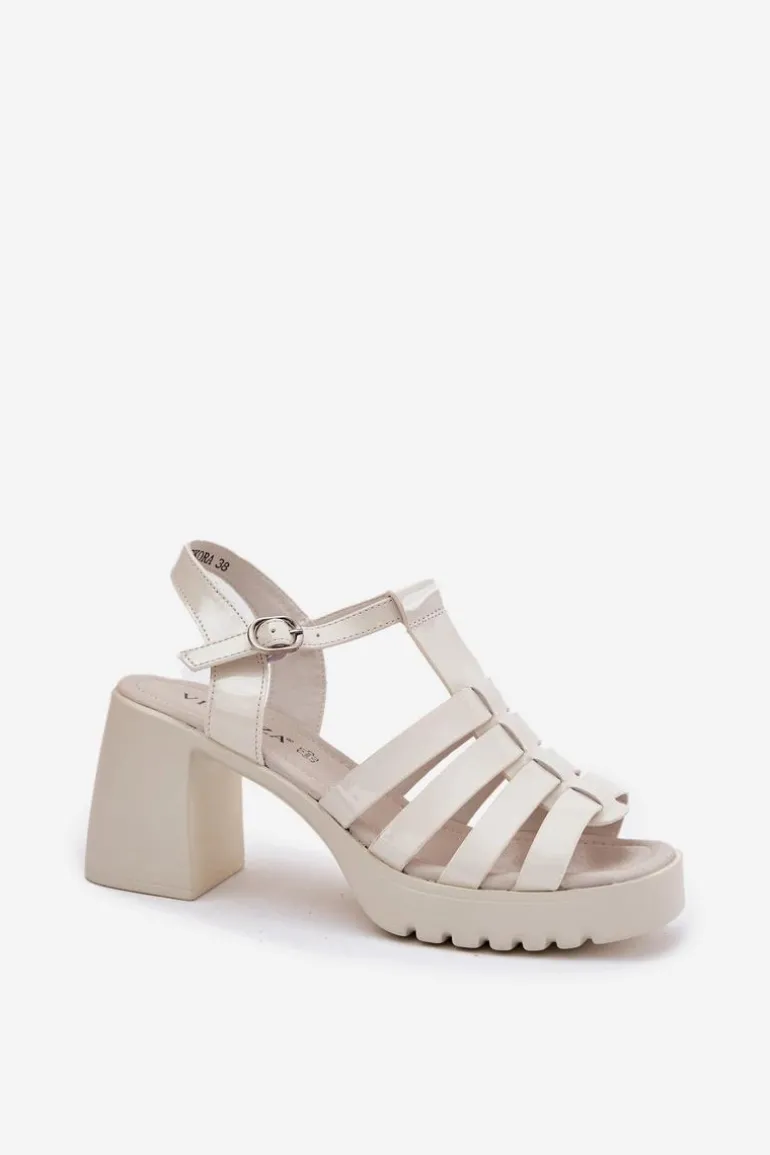 Lakierowane Skórzane Sandały Damskie Na Słupku Vinceza 66621 Jasnobeżowe
