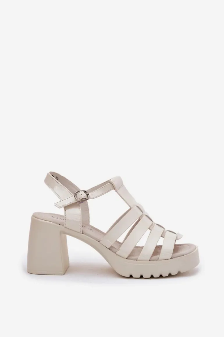 Lakierowane Skórzane Sandały Damskie Na Słupku Vinceza 66621 Jasnobeżowe