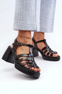 Lakierowane Skórzane Sandały Damskie Na Słupku Vinceza 66621 Czarne