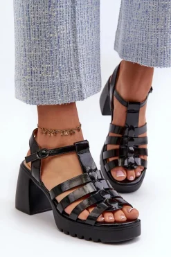 Lakierowane Skórzane Sandały Damskie Na Słupku Vinceza 66621 Czarne