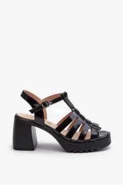 Lakierowane Skórzane Sandały Damskie Na Słupku Vinceza 66621 Czarne