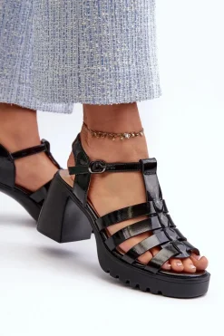 Lakierowane Skórzane Sandały Damskie Na Słupku Vinceza 66621 Czarne