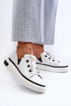 Lakierowane Sneakersy Damskie Skórzane D&A LR535 Białe