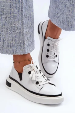 Lakierowane Sneakersy Damskie Skórzane D&A LR535 Białe