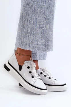 Lakierowane Sneakersy Damskie Skórzane D&A LR535 Białe