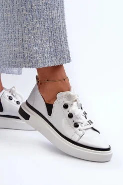Lakierowane Sneakersy Damskie Skórzane D&A LR535 Białe