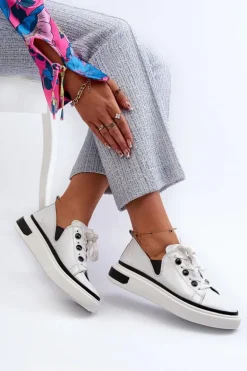 Lakierowane Sneakersy Damskie Skórzane D&A LR535 Białe