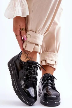 Lakierowane Sneakersy Damskie Na Platformie Czarne S.Barski LR592B