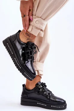 Lakierowane Sneakersy Damskie Na Platformie Czarne S.Barski LR592B