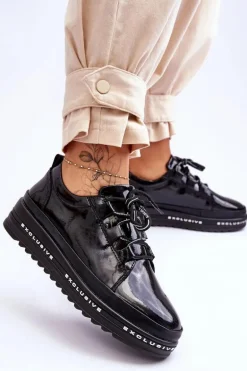 Lakierowane Sneakersy Damskie Na Platformie Czarne S.Barski LR592B