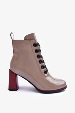 Lakierowane Sznurowane Botki Na Słupku S.Barski MR870-15 Ciemnobeżowe