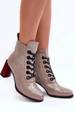 Lakierowane Sznurowane Botki Na Słupku S.Barski MR870-15 Ciemnobeżowe