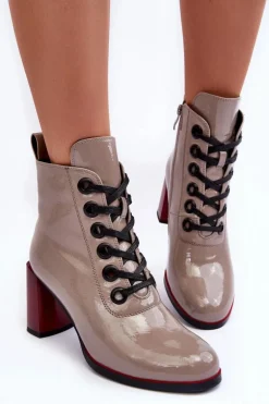 Lakierowane Sznurowane Botki Na Słupku S.Barski MR870-15 Ciemnobeżowe