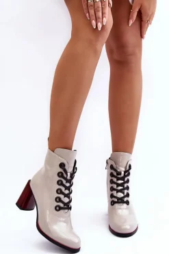 Lakierowane Sznurowane Botki Na Słupku S.Barski MR870-15 Jasnoszare