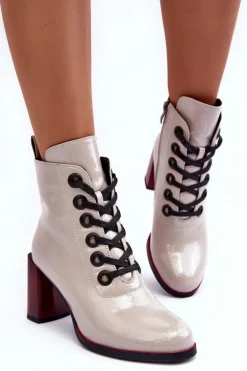 Lakierowane Sznurowane Botki Na Słupku S.Barski MR870-15 Jasnoszare