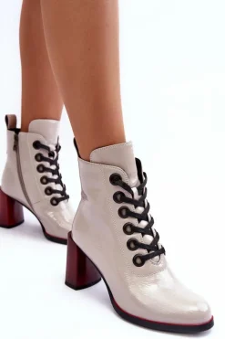 Lakierowane Sznurowane Botki Na Słupku S.Barski MR870-15 Jasnoszare