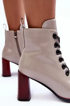 Lakierowane Sznurowane Botki Na Słupku S.Barski MR870-15 Jasnoszare