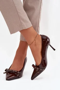 Lakierowane Szpilki Z Kokardką Czekoladowe Janisse