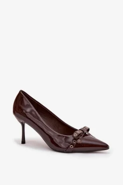 Lakierowane Szpilki Z Kokardką Czekoladowe Janisse