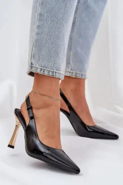 Lakierowane Szpilki Z Odkrytą Piętą I Szpiczastymi Noskami Czarne Rivori